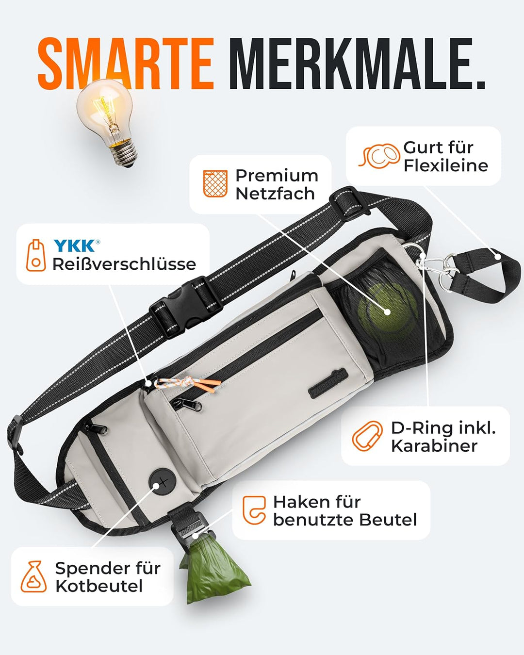 Gassi Tasche 'Atlas' - Premium Leckerlitasche für Hunde - Inkl. YKK® Zipper & Leinenhalterung - Bauc