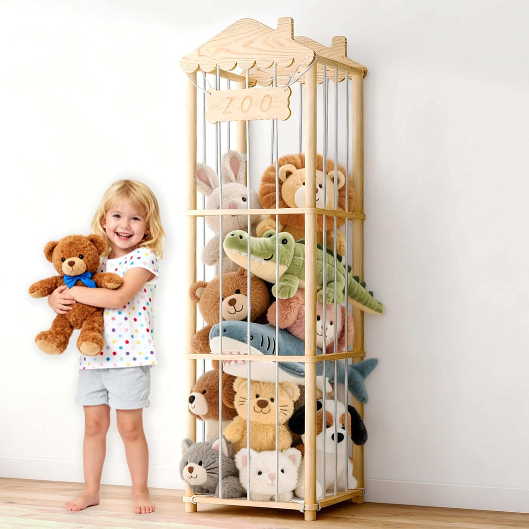 AMBIRD Kuscheltier Aufbewahrung Kinderzimmer, 140 * 40 * 40 cm Holz Kinder Spielzeug Regal für Kusch
