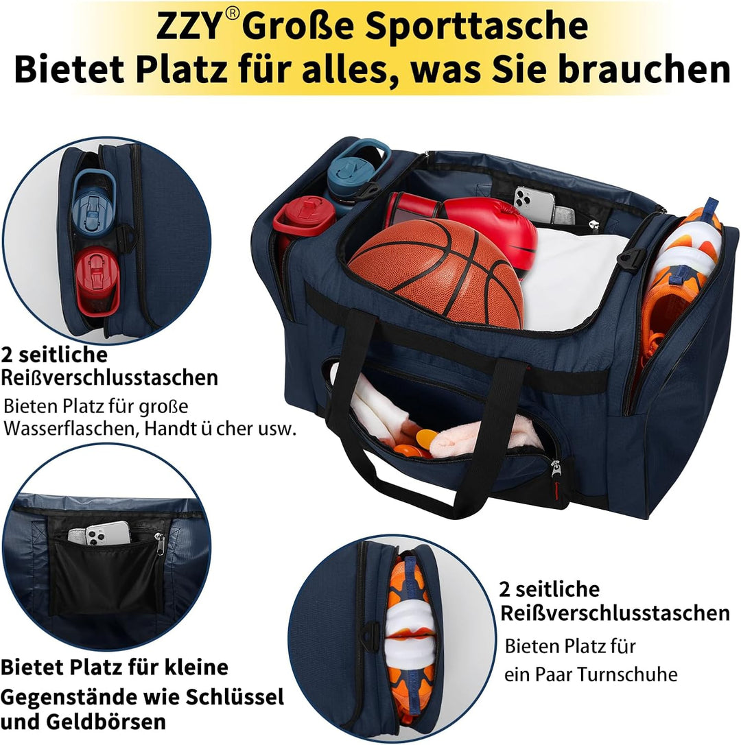 ZZY 55L Sporttasche Herren mit 2 Seitentaschen grosse Reisetasche für Fitness, Training und Reisen 5