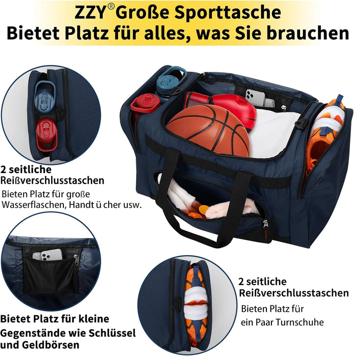 ZZY 55L Sporttasche Herren mit 2 Seitentaschen grosse Reisetasche für Fitness, Training und Reisen 5