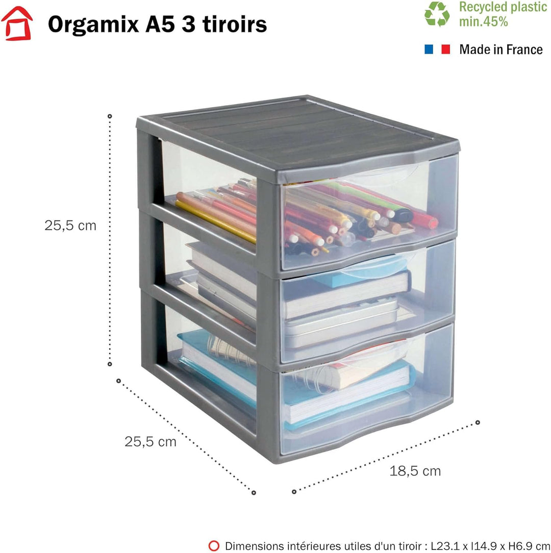 SUNDIS Orgamix, schubladenbox aus Kunststoff, 3 transparente Schubladen im Format A5, Höhe 25,5 cm,