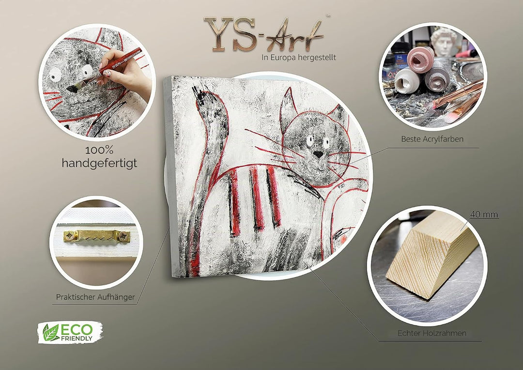 YS-Art XXL Abstrakt Acryl Gemälde auf Leinwand lustige Katzen handgemalt Wandbilder Wohnzimmer Kinde