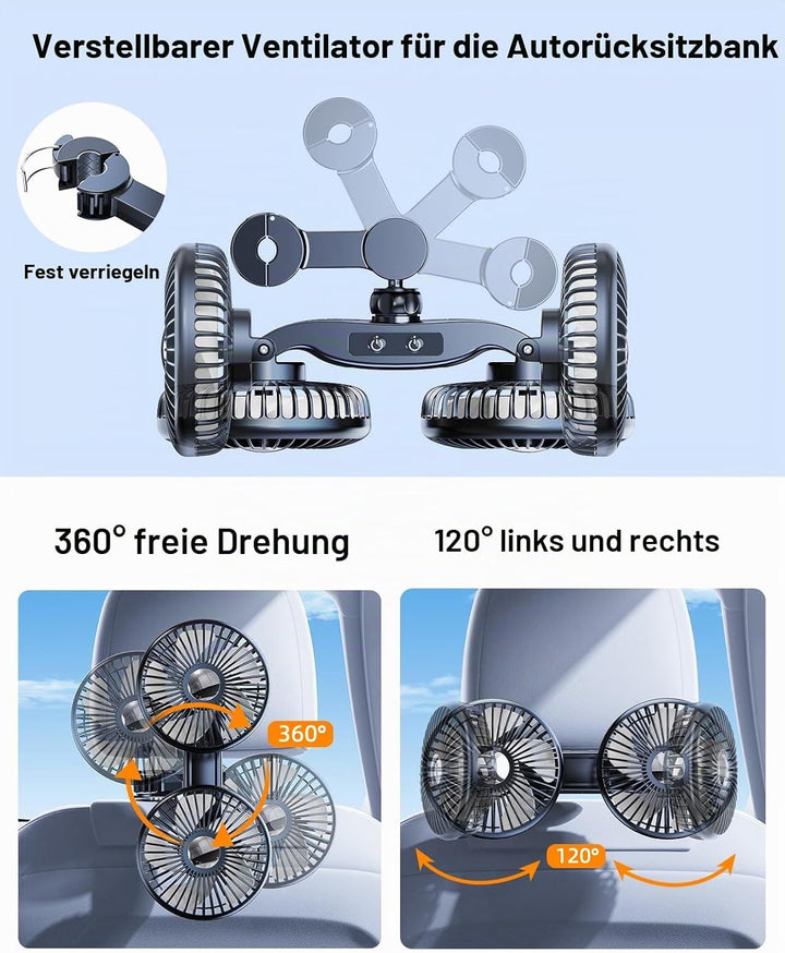 USB Ventilator Auto für Rücksitz mit 360° drehbardrehbar | Getrennte Steuerung, 5V/2A USB, geeignet