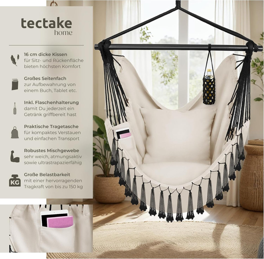 tectake® Hängesessel Outdoor wetterfest oder Indoor mit Tabletfach und Getränkehalterung, Makramee S