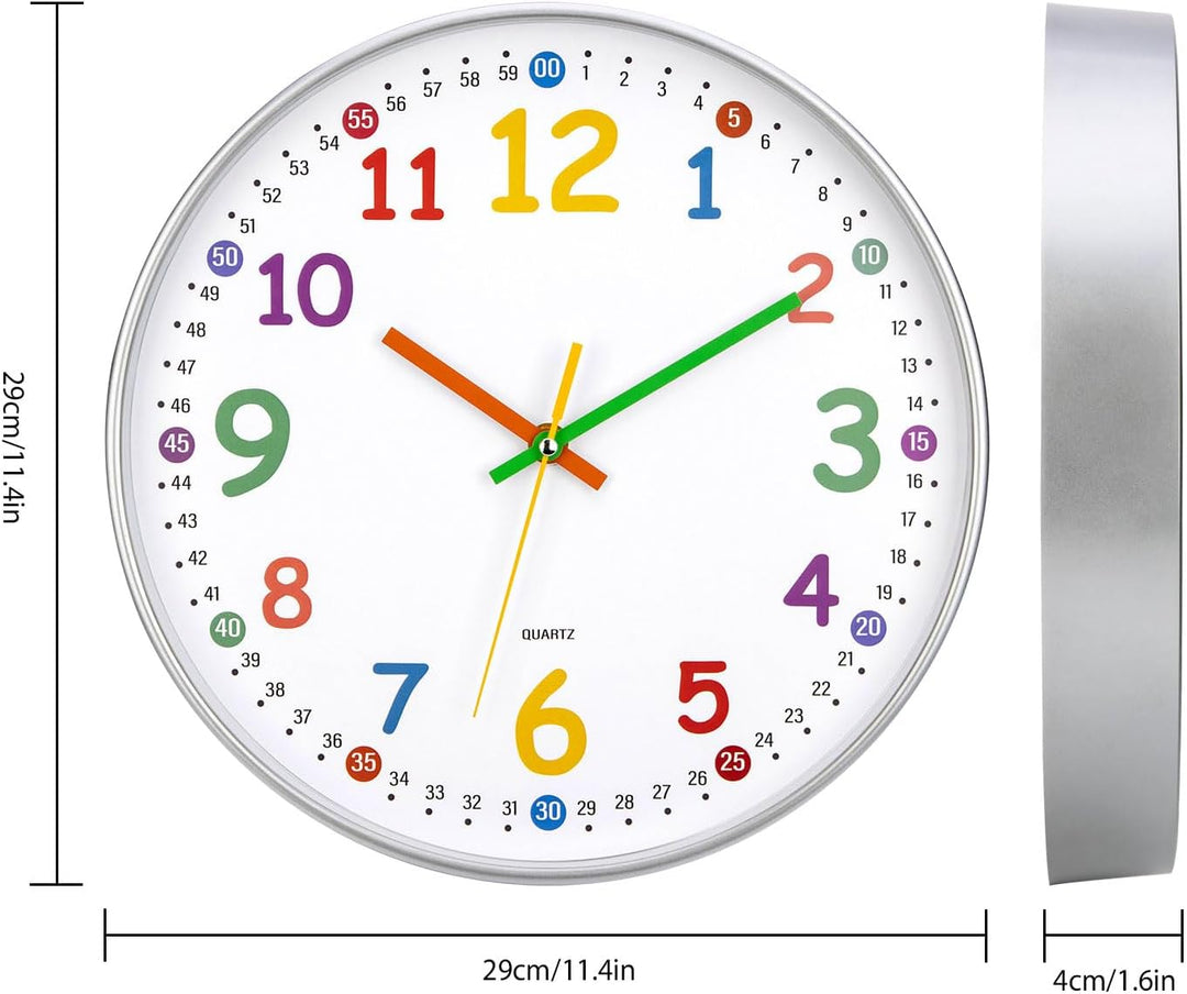 ACCSHINE Kinder Wanduhr ohne Tickgeräusche Lernuhr 30cm 3D Bunt Zahlen Modern Quartz Lautlos Wanduhr