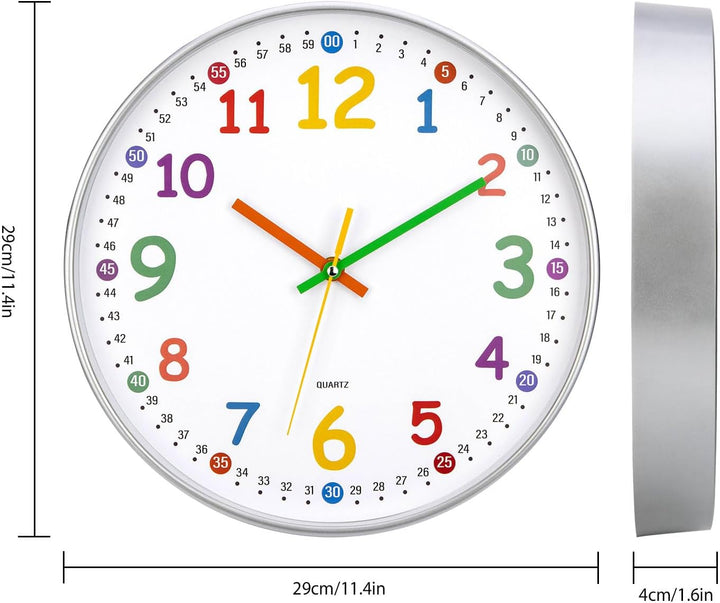 ACCSHINE Kinder Wanduhr ohne Tickgeräusche Lernuhr 30cm 3D Bunt Zahlen Modern Quartz Lautlos Wanduhr