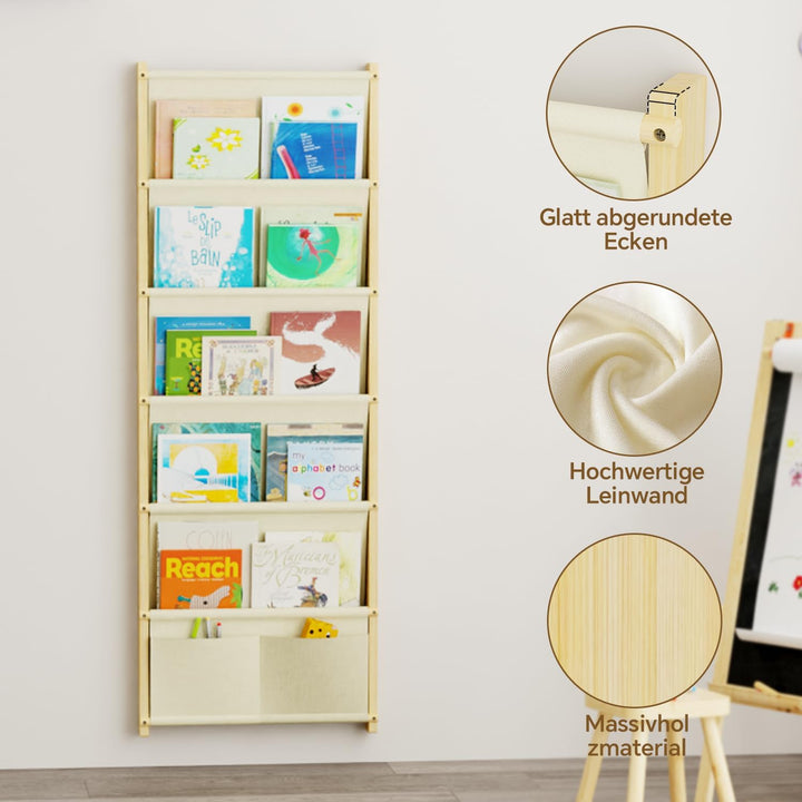 Bücherregal Kinder Wand Holz, mit 6 Lagige Taschen Wandregal Bücher Kinder, Montessori Bücherregal f