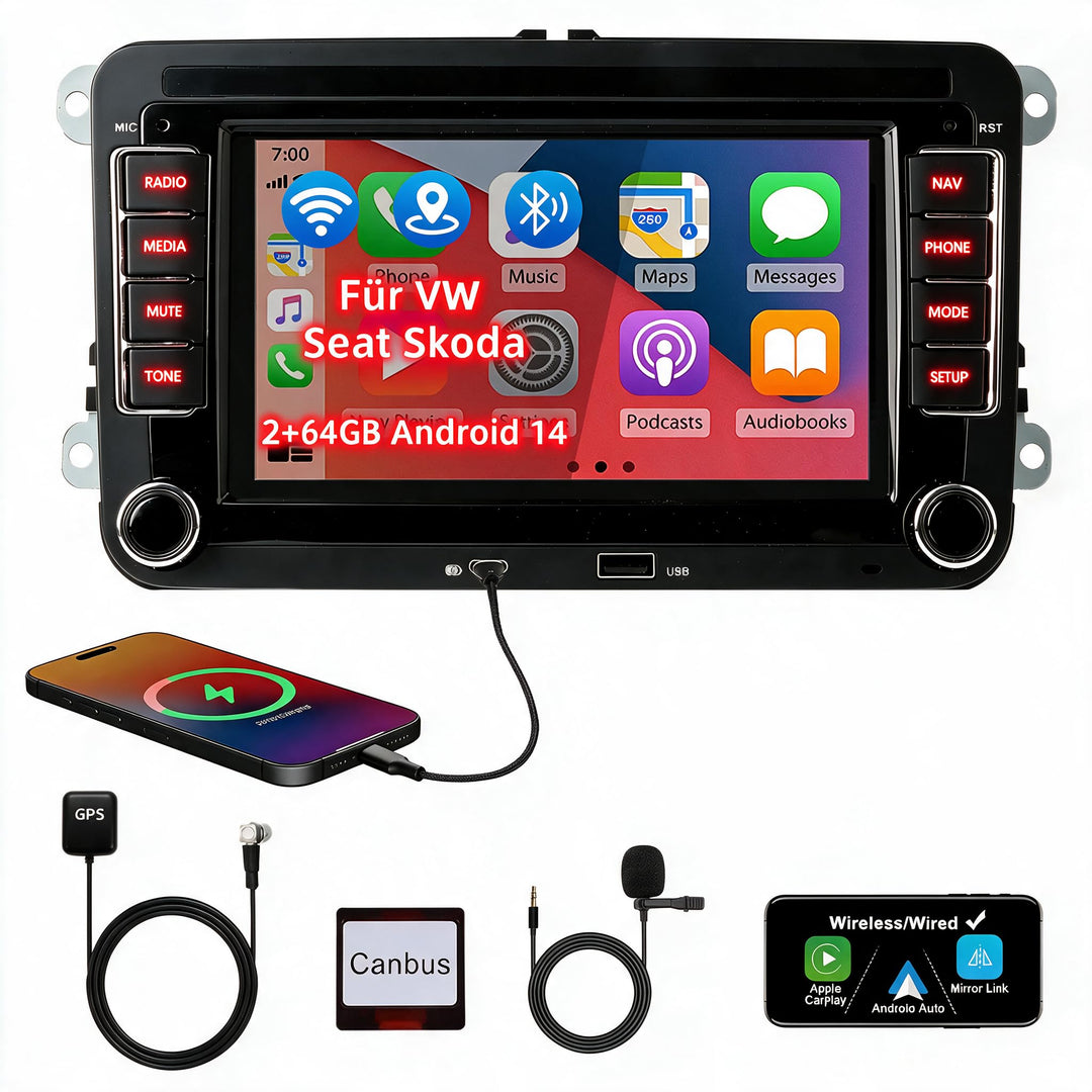 Carplay Autoradio mit Bildschirm für VW Golf 5/6 T5 Caddy Tiguan Polo 6r | 7 Zoll Doppel DIN Radio,