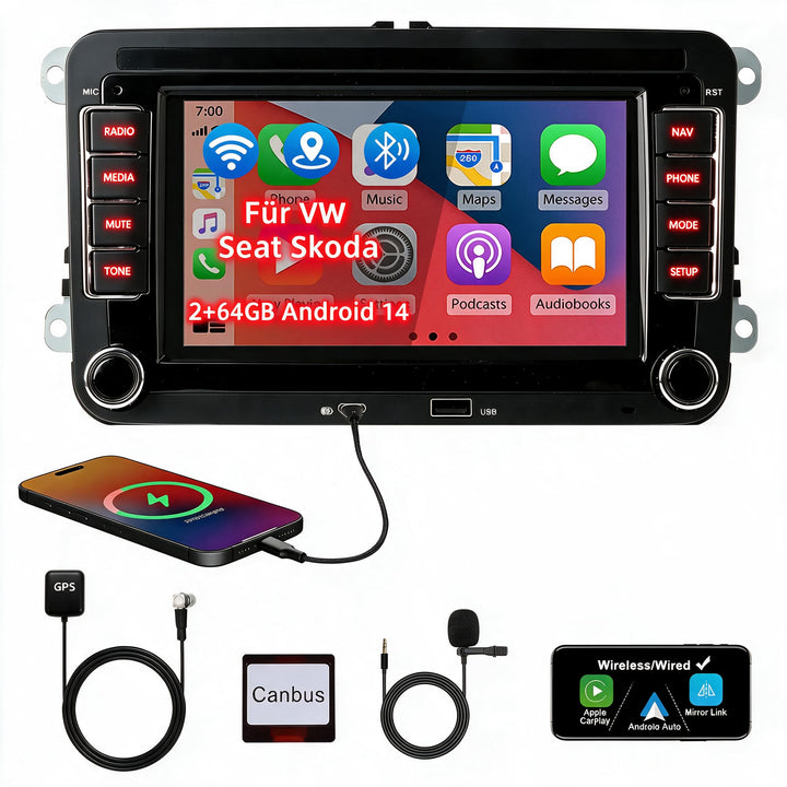 Carplay Autoradio mit Bildschirm für VW Golf 5/6 T5 Caddy Tiguan Polo 6r | 7 Zoll Doppel DIN Radio,