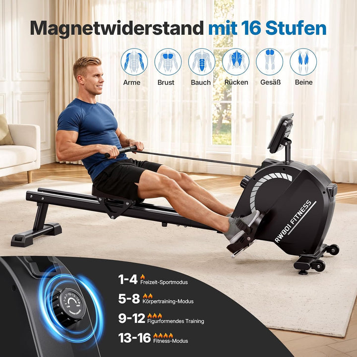 Dripex Magnetisches Rudergerät für Zuhause mit 16 Widerstandsstufen, Rudergerät für Zuhause mit LCD-