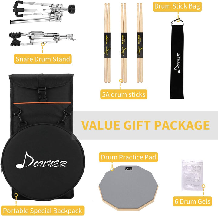 Donner Drum Practice Pad mit Snare Drum Ständer Kit, 3 Paar Drumsticks mit Tasche, Drum Gele silber,