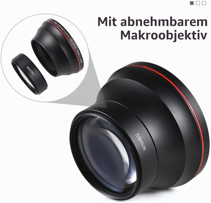 Andoer 58mm-Kameraobjektiv-Set mit 0,43X Weitwinkelobjektiv, Makroobjektiv, DSLR-Kameraobjektiv für