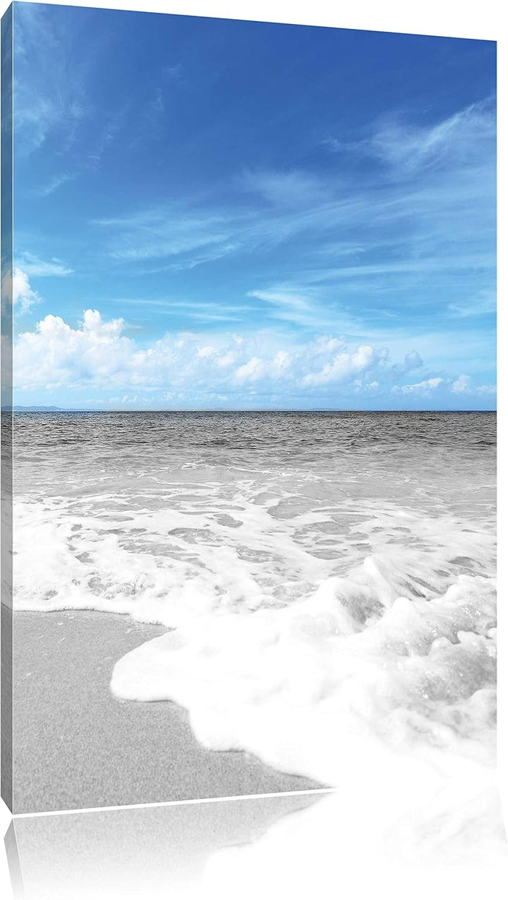 Pixxprint Sandstrand mit Welle bei azurblauen Himmel, Format: 80x120 auf hochkantiges Leinwand, XXL