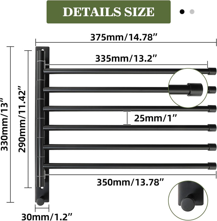 MOOCHE Handtuchhalter mit 6 Ausfahrbarer Arm 37.5cm, SUS304 Edelstahl Handtuchhalter mit 180° Schwen