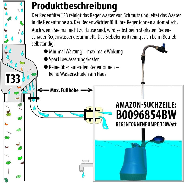 AMUR Fallrohrfilter Regensammler T33 braun - Der Regenwasser-Filter für Regentonnen mit bis zu 95% W
