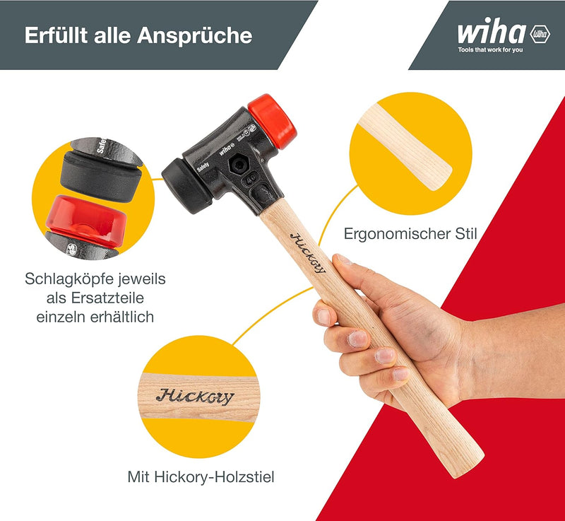 Wiha Schonhammer Safety mittelweich und hart (26612) I Gummihammer mit hochwertigem Hickory Holzstie