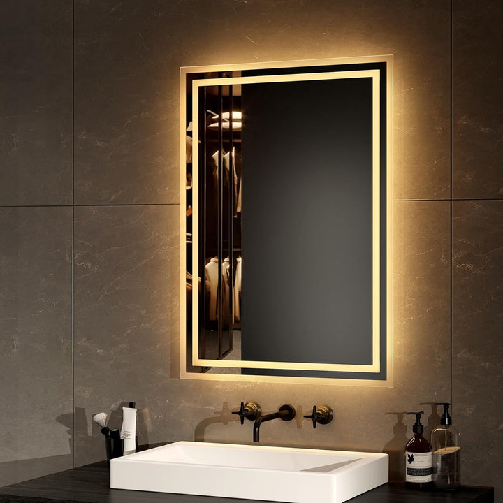 EMKE LED Badspiegel 70x50cm LED Wandspiegel mit Beleuchtung Warmweisses Licht und Kaltesweisses Lich