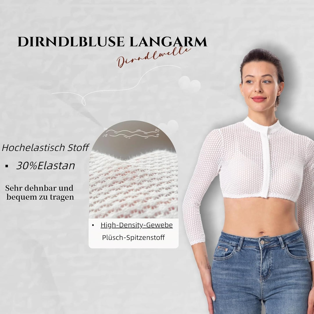 Elegante Blumen Streifen Spitze Hochelastisch Stoff Hochwertig 3/4 Ärmel Dirndlbluse Weiss Spitze Di