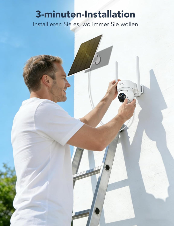 GNCC 4G LTE Überwachungskamera Aussen Solar mit SIM Karte, IP65 | 2K 3MP Farb/Infrarot Nachtsicht, 3