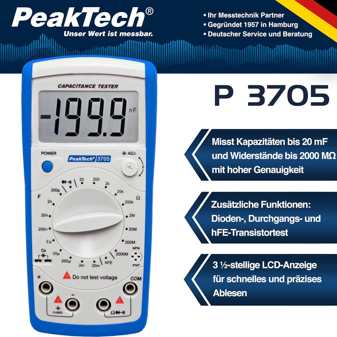 PeakTech Digital Kapazitätsmessgerät 20MF / Widerstandmessgerät 2000 Mohm/Durchgangsprüfer/DIODEN Te