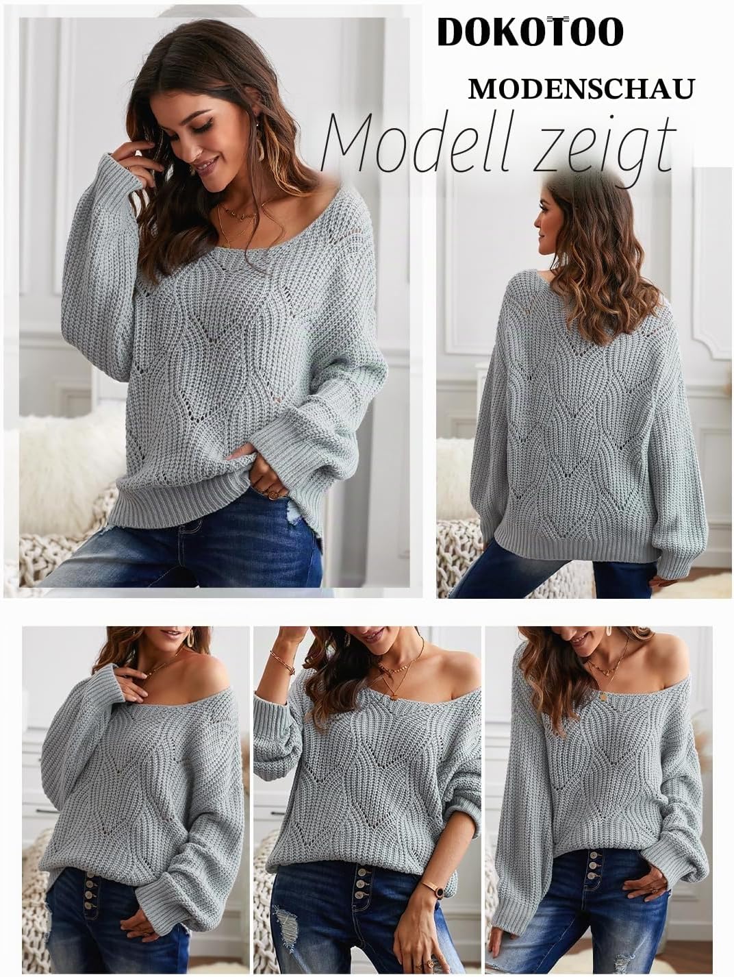 Dokotoo Damen Strickpullover Elegant Rundhals Pullover Herbst Winter Einfarbiger Pulli Oberteil Swea