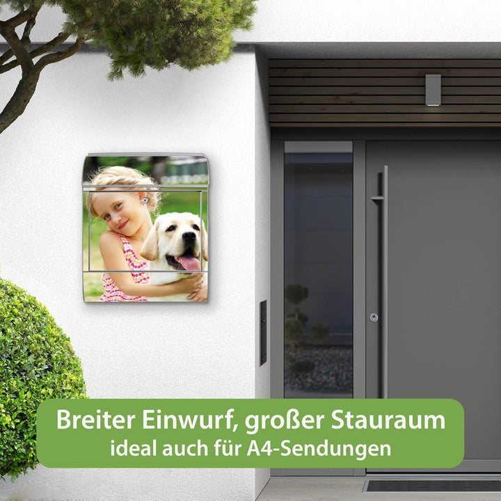 banjado® Design Briefkasten mit eigenem Motiv 39x47x14cm & 2 Schlüssel - Briefkasten Stahl Silber mi