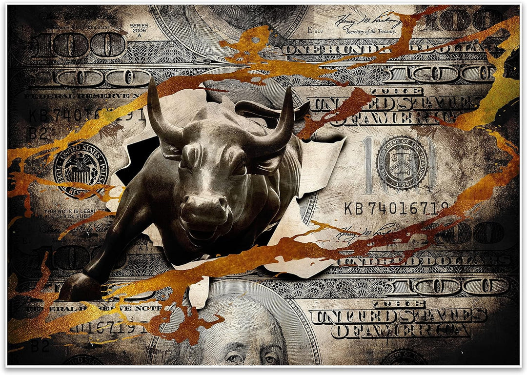 wandmotiv24 Poster als Wanddeko, Grösse Din A1, Stier stürmt durch Geldschein, Dollar, Geld, Tier, M