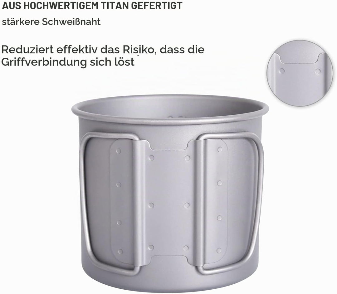 iBasingo 600ml Camping Becher Outdoor Tasse Titan Trinkbecher Mug mit Deckel &amp; Klappgriff Ultraleich