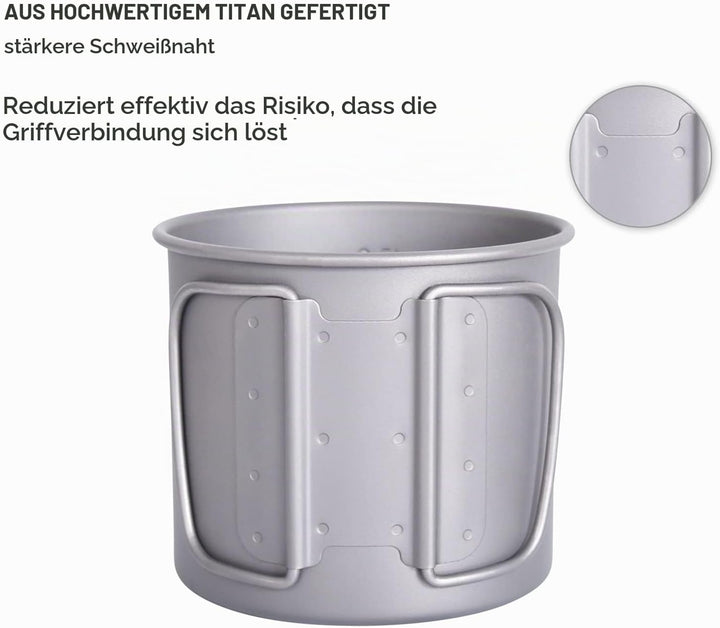 iBasingo 600ml Camping Becher Outdoor Tasse Titan Trinkbecher Mug mit Deckel &amp; Klappgriff Ultraleich