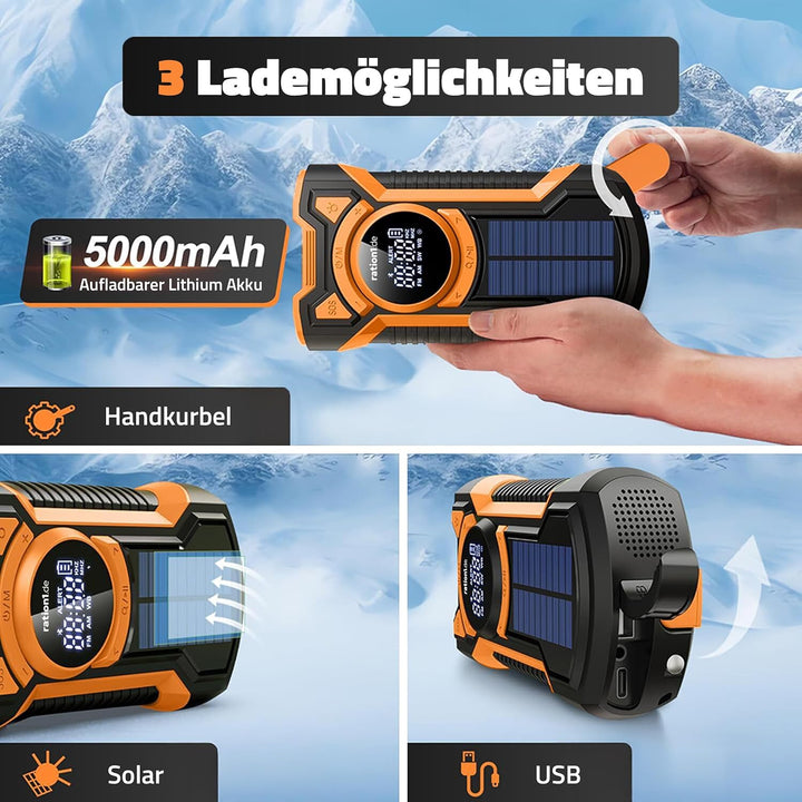 ration1 Kurbelradio mit Solar und Powerbank – Notfallradio mit 5000 mAh, Bluetooth, SOS-Alarm & LED