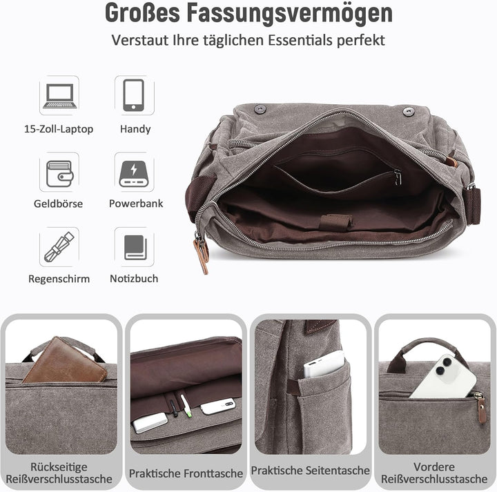 DORRISO Herren Umhängetasche Gross Messenger Bag 14 zoll Laptoptasche für Herren mit Griff Vintage S