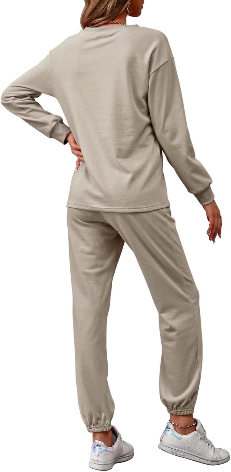REORIA Damen Tracksuit Langarm Rundhalsausschnitt Einfarbig Zweiteiler Outfit Hoodie Jogger Training