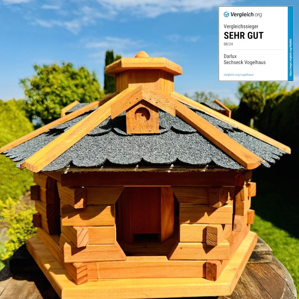DARLUX Handgefertigtes Sechseck Vogelhaus aus Holz wetterfest M - XXL mit und ohne Ständer I Futterh