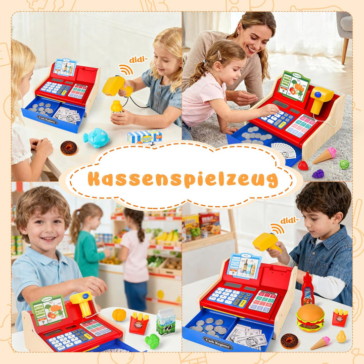 MOMOSTAR Kinderkasse, Spielkasse Kinder mit Scanner und Sound, Kasse Spielzeug Holz mit Spielgeld Ei