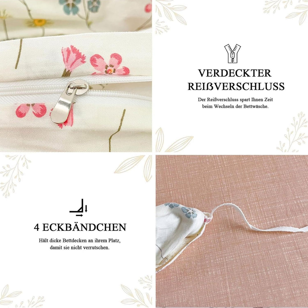 Tospass Baumwolle Bettwäsche Set 135x200cm 2teilig Beige Rosa Bunt Blumen Floral Wende Bettwäsche Bl