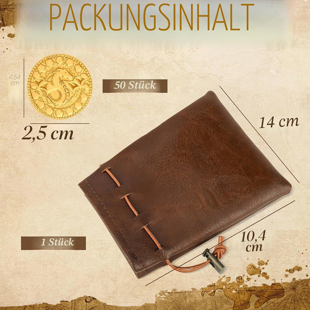 Byhoo DND Fantasy Goldmünzen aus Metall und Ledertasche für Dungeons & Dragons, Tisch-RPG-Brettspiel