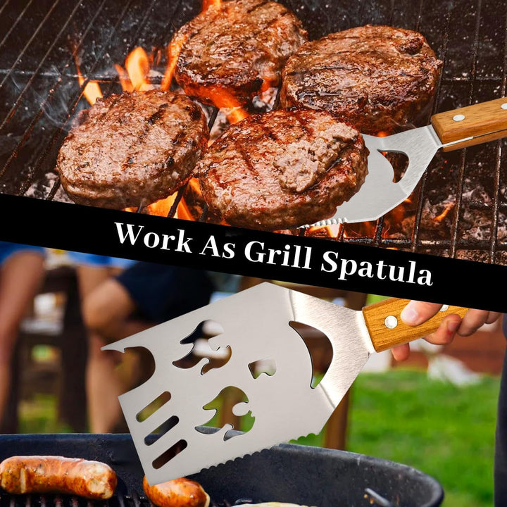 Grillbesteck-Set, 42cm Edelstahl-Spachtel mit Flaschenöffner, Holzgriff, Grillzubehör für draussen,