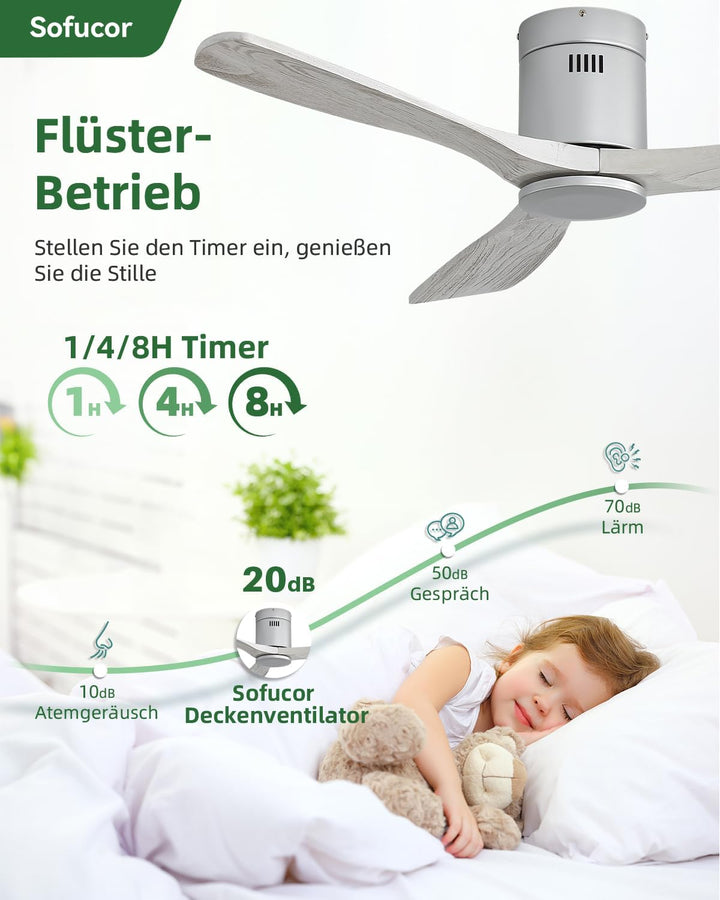 Sofucor Deckenventilator mit Fernbedienung, Deckenventilator aus Massivholz mit 3 Holzlüfterblätter,