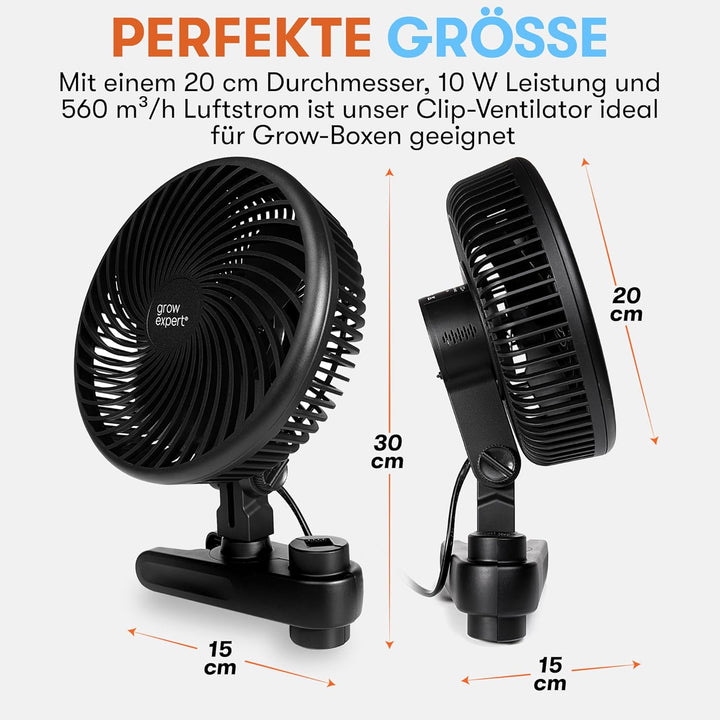 Oszillierender Clip-Ventilator für Growbox & Growzelte EC-Motor mit 10 Stufen, 32 dB(A), 250cm Kabel