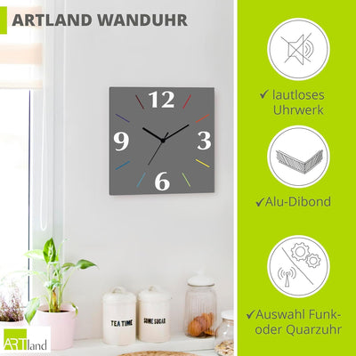 ARTLAND Wanduhr ohne Tickgeräusche Alu Quarzuhr 30x30 cm Quadratisch Lautlos 4 Ziffern Farbig Schlic