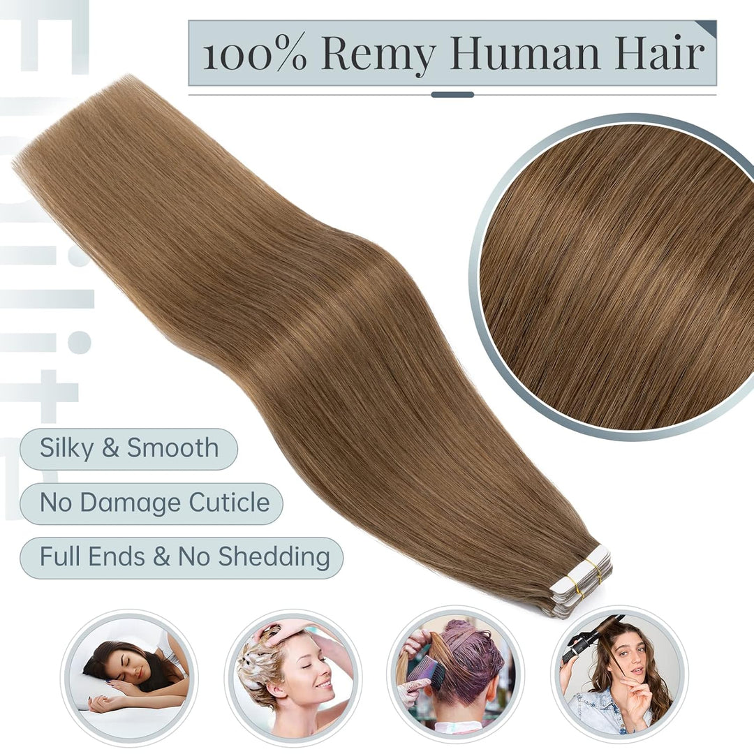 Elailite Echthaar Extensions Tape Braun, 20 stück Mini Tape Invisible Kleber, 35cm Haarverlängerung