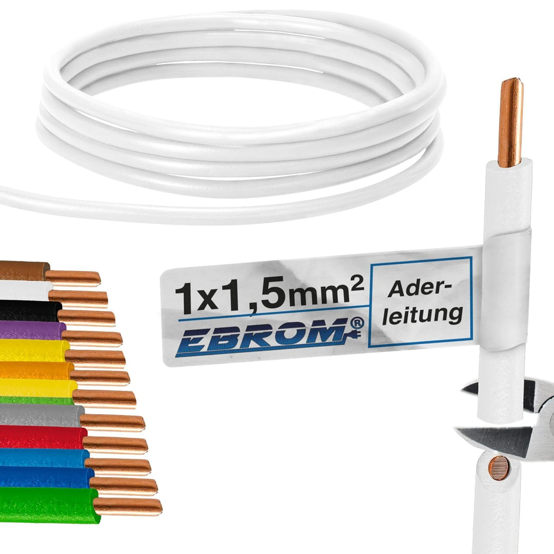 EBROM 100 Meter Aderleitung Litze Draht starre Leitung H07V-U 1,5 mm² 1x1,5 mm2 – starr – viele Farb