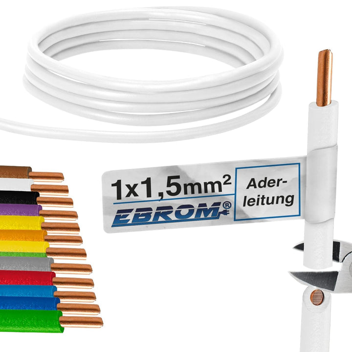 EBROM 100 Meter Aderleitung Litze Draht starre Leitung H07V-U 1,5 mm² 1x1,5 mm2 – starr – viele Farb