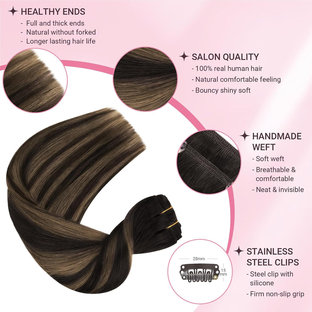 MAXITA Clip in Extensions Echthaar, 35cm 14 Zoll 120g 7 Stück Dunkelbraun Gemischt Kastanienbraun Ec