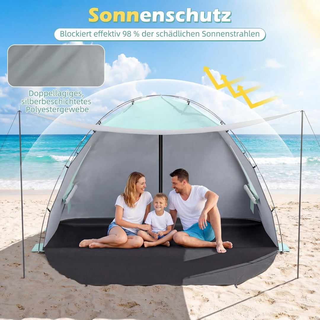 COSTWAY Strandmuschel mit Vordach, Strandzelt UV-Schutz 50+ mit Reissverschlusstüren &amp; Netzfenstern,