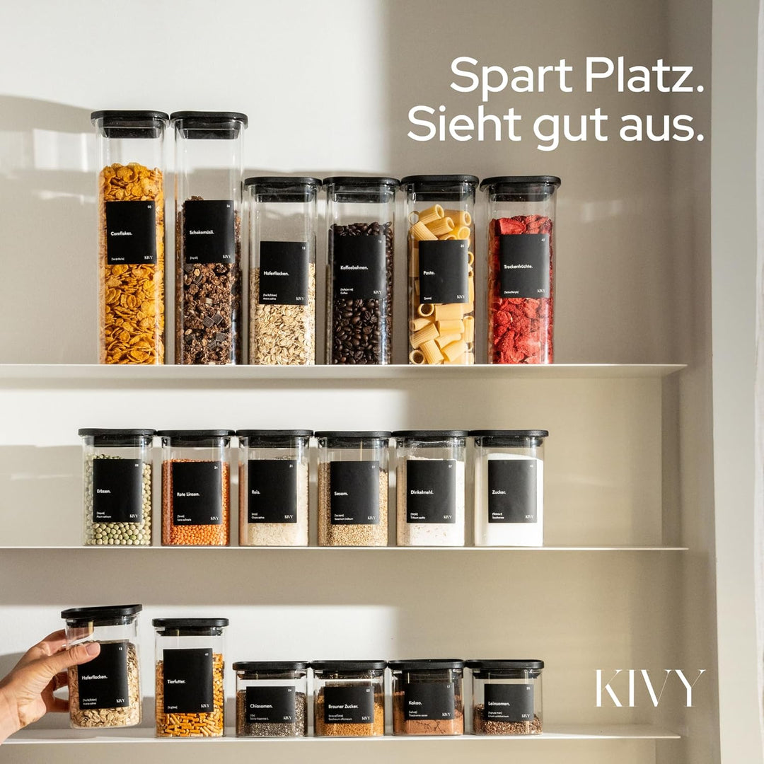 KIVY Vorratsgläser eckig [4x400ml] + Etiketten - Stapelbare & Luftdichte Aufbewahrungsgläser mit Dec