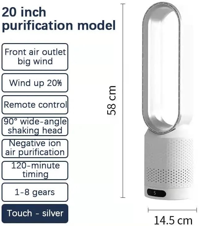 Säulenventilator, ohne Flügel, mit Fernbedienung, Höhe 58 cm, mit 8 Geschwindigkeitsstufen, Oszillat