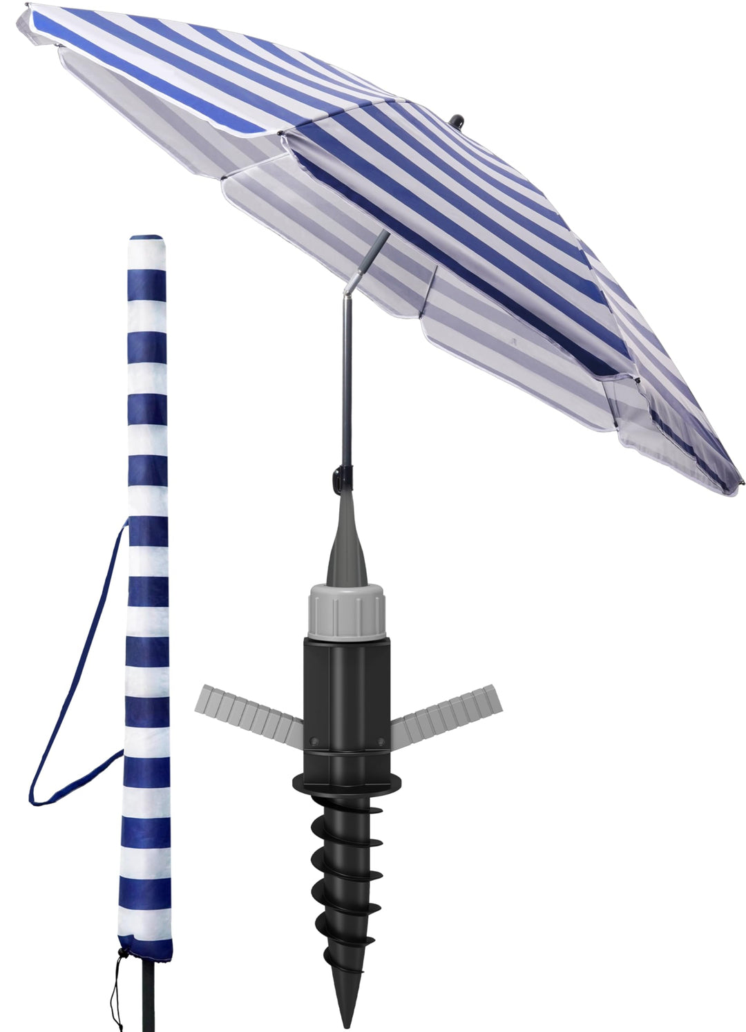 4smile Sonnenschirm Strand Ø 180 cm, 3-in-1 SET mit Bodenhülse, Blau-Weiss | UPF 50+ Strandschirm +