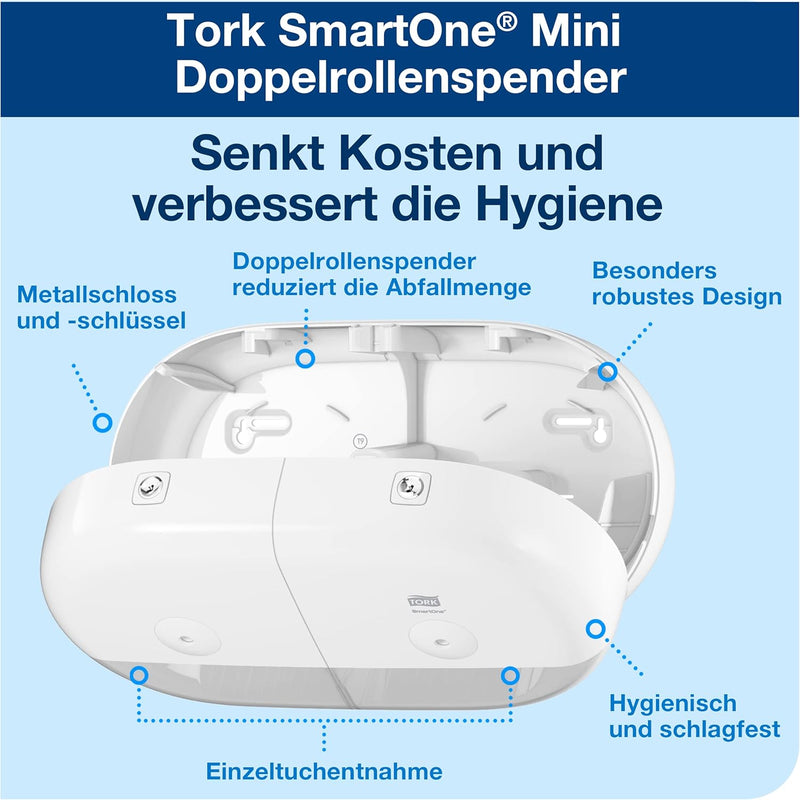 Tork SmartOne® Mini Doppelrollenspender für Toilettenpapier Weiss T9, Hohe Kapazität, Elevation Lini