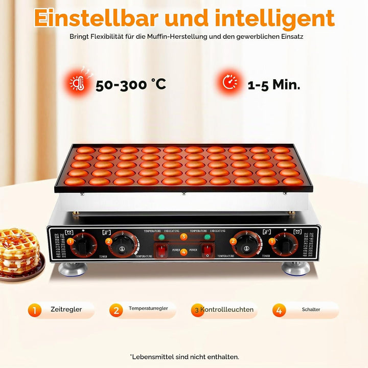 1800W Elektrische Poffertjes-Pfanne Ø45mm 50 Stk. Mini-Pfannkuchenmaschine mit Timer &amp; Temperaturreg